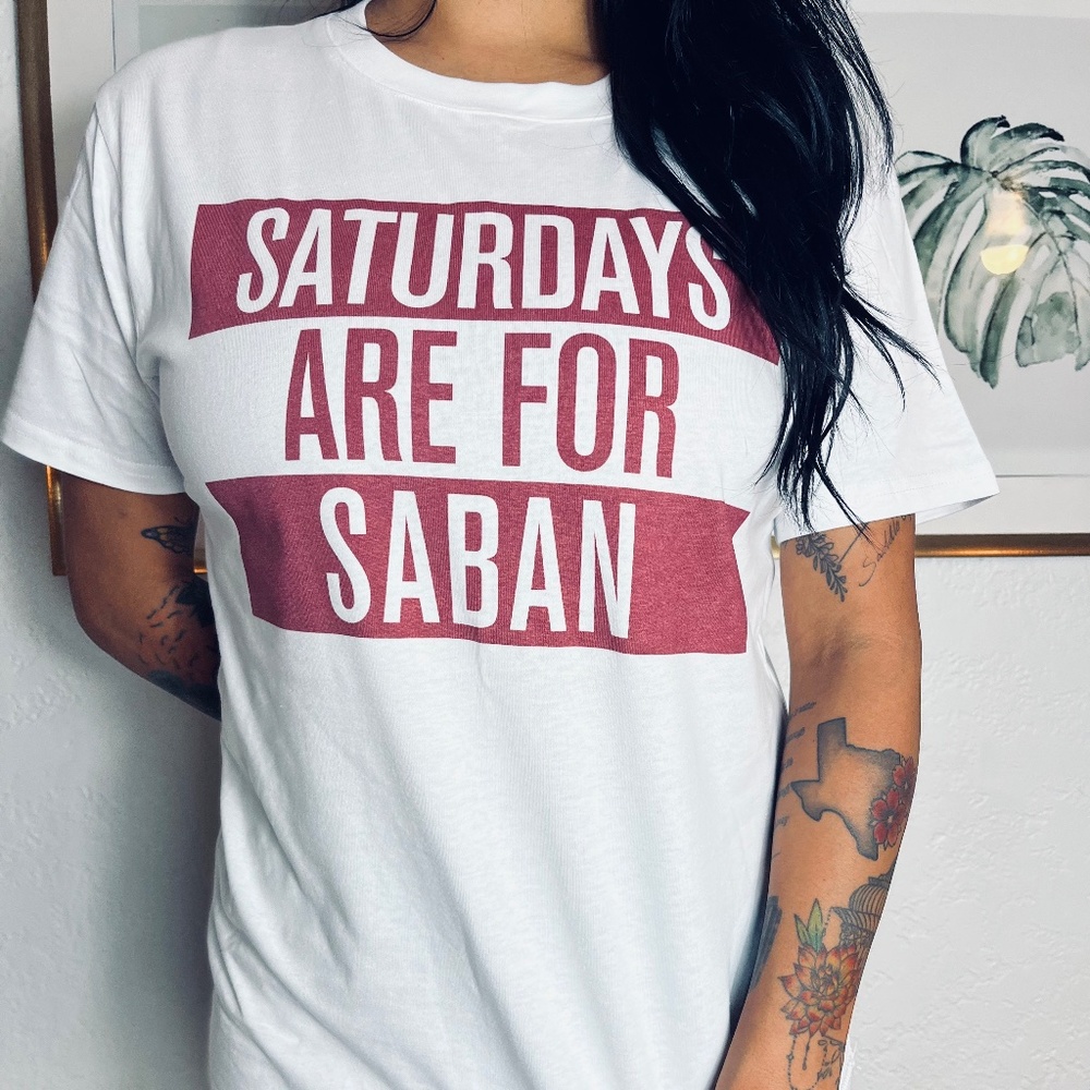 SATURDAYS ARE FOR SABAN COLLEGE GRAPHIC WHITE TSHIRT